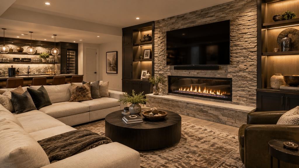 Luxury basement finishing with fireplace, built-in shelving, and bar area