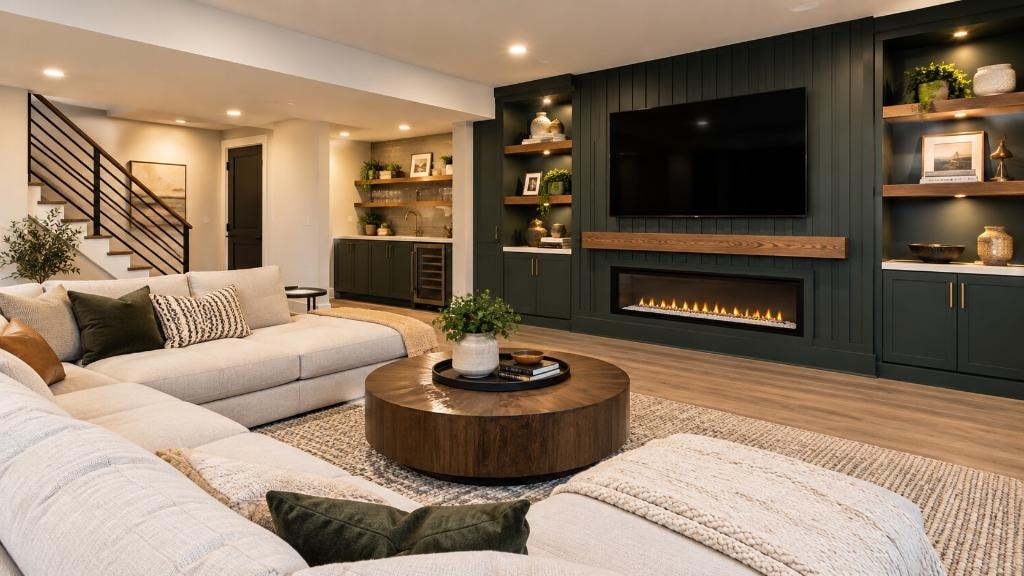 Basement finishing — open living area with wet bar, built-in shelving and linear fireplace