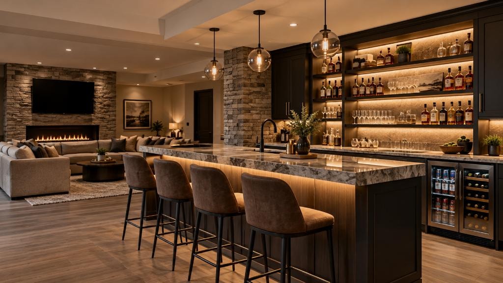 Basement finishing — full wet bar with marble countertop, backlit shelving and lounge area