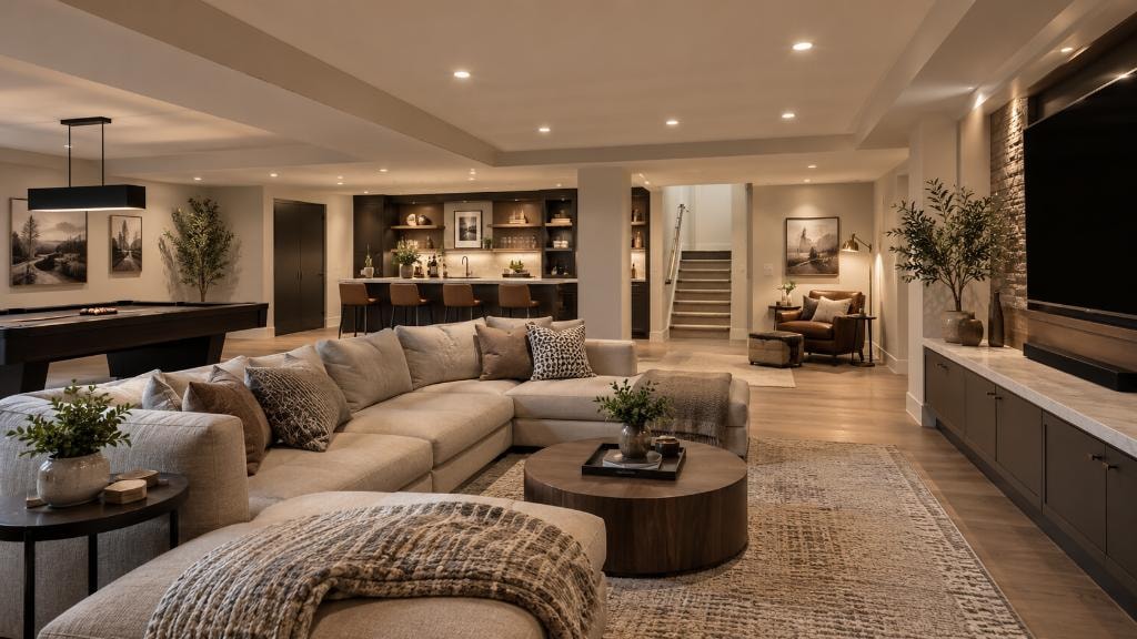 Basement finishing — open-concept entertainment space with bar, billiards and media wall