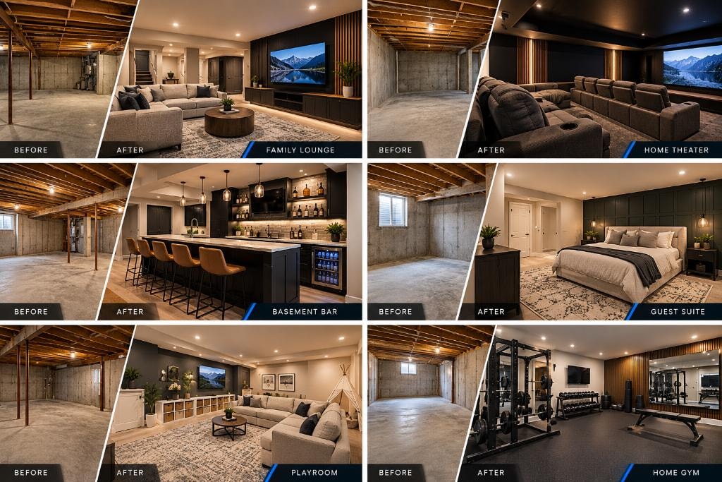 Basement finishing before and after — family lounge, home theater, bar, guest suite, playroom and gym