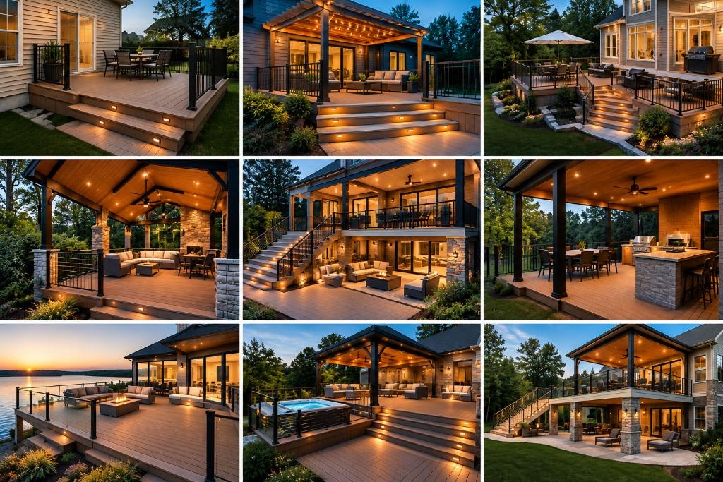Custom decks and patios — covered outdoor living spaces, pergolas, multi-level decks and built-in kitchens