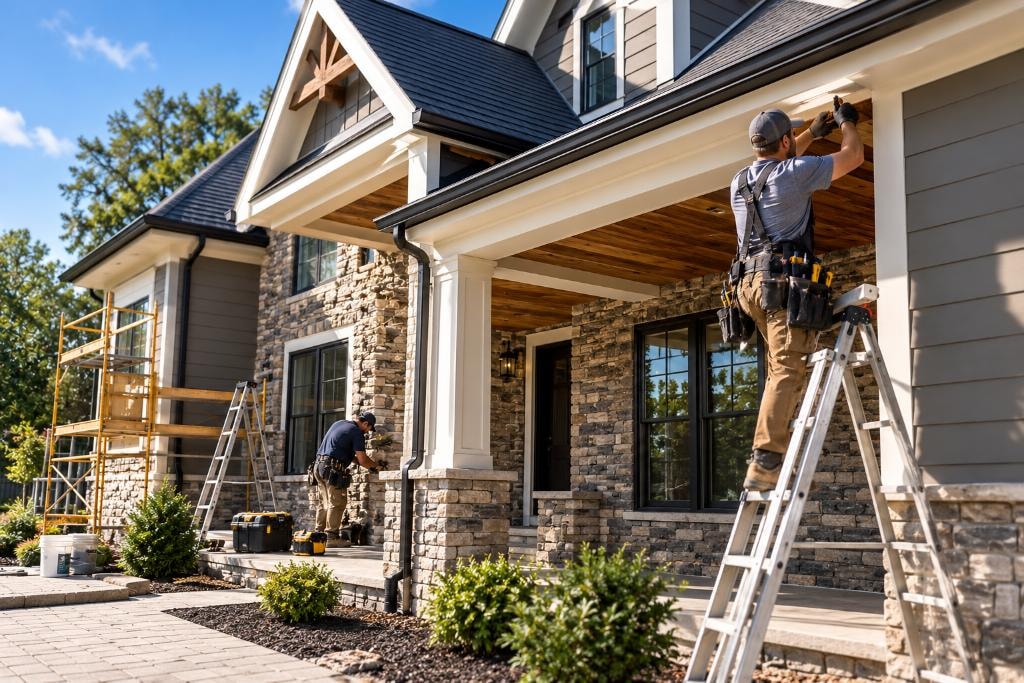 Exterior work — stone facade, siding, soffit and trim installation on custom craftsman home